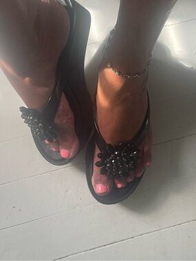 Coach Black Beaded Floral Platform Sandals
